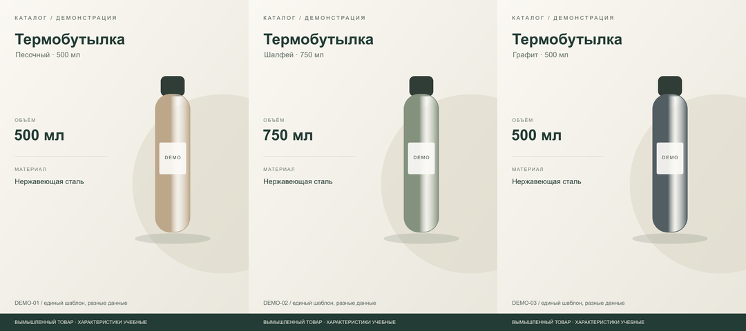Три демонстрационные карточки вымышленных термобутылок